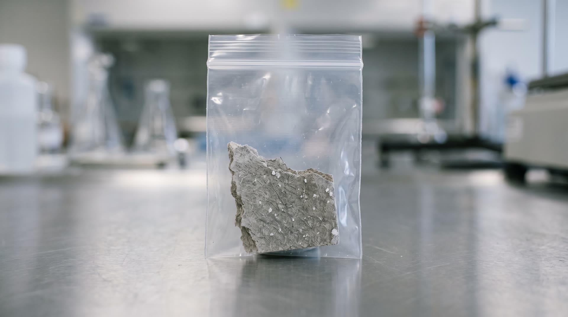 Amosite asbestos: a fragment of aged fibre cement sheeting in a sealed laboratory sample bag