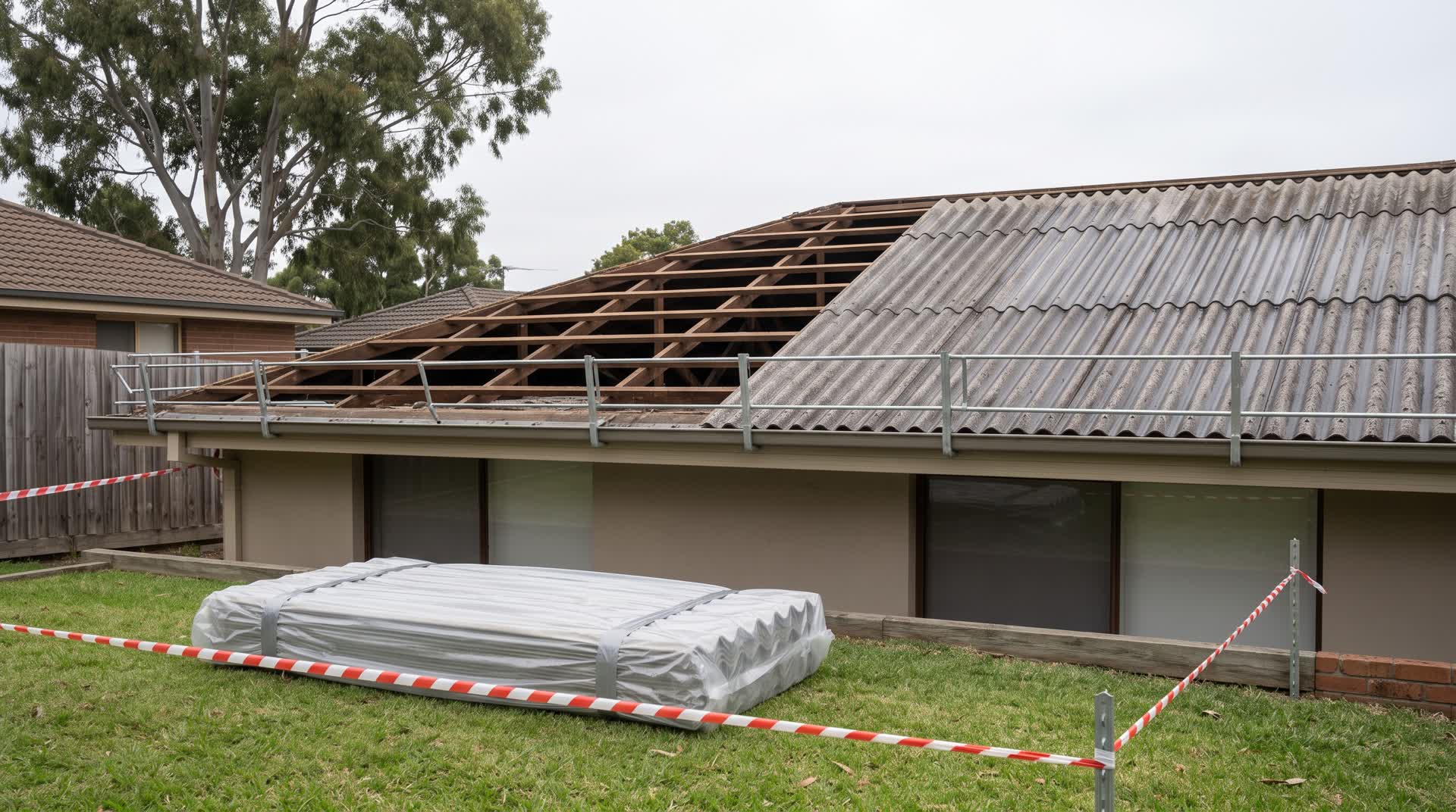 Asbestos removal timeline: half-stripped corrugated fibro roof with wrapped sheets stacked on the lawn of a single-storey Sydney home